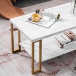 Same Code 35647920 (106 x 50 x 48cm) Simple Double-layer Golden Iron Pipe Marble PVC Coffee Table Rectangular - Image 27