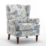 Modern Accent Chair with Retro Wood Legs, Comfy Upholstered Armchair, Floral Design Single Sofa Chair for Living Room Bedroom Office - Floral Blue - Image 13