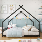 Full Size Metal House Bed Frame, Montessori Floor Bed with Safety Side Guard Rails, No Box Spring Needed, House-Shaped Platform Bed for Kids Toddlers Boys Girls, Black - Image 10