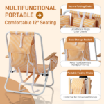 4-Position Adjustable Backpack Beach Chair, Foldable Rustproof Aluminum Frame Lounge Chair with Wooden Armrest, Side Storage Pockets & Detachable Pillow, 24"×22"×37" Outdoor Patio Camping Lawn Chair Holds up to 265 LBS, Orange White Vertical Stripe - Image 9