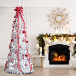 7 FT Fully Decorated Pre-lit Christmas Tree, Pop Up Artificial Xmas Tree with 170 Warm Lights and Red Ornaments for Home Office Store Holiday Deco, White - Image 6