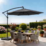 10FT Round Banana Hanging Patio Umbrella with 18 LED Lights, 6 Iron Ribs, Iron Straight & Curved Pole, Waterproof Polyester Canopy, with Stand Sleeve and Cross Base, Gray - Image 32