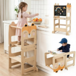 3-in-1 Convertible Toddler Learning Tower Step Stool with Chalkboard, Poplar Wood Flip Design Weaning Table Stool Set Anti-Tip Safety Guardrail 110 LBS Load for Kids 18+ Months Fox Pattern - Image 11