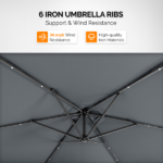 10FT Round Banana Hanging Patio Umbrella with 18 LED Lights, 6 Iron Ribs, Iron Straight & Curved Pole, Waterproof Polyester Canopy, with Stand Sleeve and Cross Base, Gray - Image 21