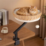 360° Rotatable Desktop Cat Bed Perch, 2-in-1 Workspace Cat Retreat with Jingling Ball (Natural + Black + White) - Image 8