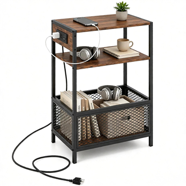 3-Tier Industrial Side Table with Charging Station, 2 AC Outlets USB Type-C Port Rustic Brown End Table Anti-Tip Metal Frame Mesh Storage Compartment Compact Nightstand for Bedroom Sofa Small Space