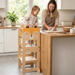 3-in-1 Convertible Toddler Learning Tower Step Stool with Chalkboard, Poplar Wood Flip Design Weaning Table Stool Set Anti-Tip Safety Guardrail 110 LBS Load for Kids 18+ Months Fox Pattern - Image 5