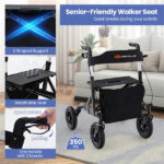 Outdoor Rolling Rollator Walker: 9.5" All-Terrain Wheels, 6-Level Adjustable (32"-37"), Foldable, Padded Seat, Storage Bag+Umbrella Holder - Image 8