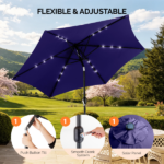 9ft Solar LED Patio Umbrella with Push Button Tilt & Crank, 6 Ribs Waterproof Polyester Outdoor Market Table Umbrella for Garden Backyard Pool, Navy Blue - Image 4
