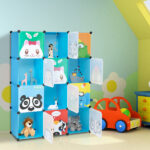 4-Layer 12-Grid 2-Hanging Rod Magic Cube Wardrobe, Plastic + Steel Wire Material with Animal Pattern, Pattern Door Blue Cabinet - Image 9