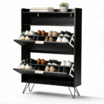 Shoe cabinet with slatted front panel and side panels, two compartments with top flip-up lids, two hooks, and high legs. Particleboard cabinet body, MDF vacuum-formed doors. 80*24*120cm, Black - Image 4