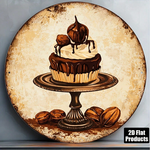 CIFbuy 1pc 8x8in Vintage Chocolate Cake Round Sign, "D" Flat Bean, Decorative Plaque For Cafe Kitchen Restaurant Wall Decor TikTok, TikTok, t Self-pickup Logiecics