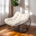 Oversized Rattan Papasan Chair, Outdoor Steel Wicker Rocking Seating with Thick Padded Cushion for Patio, Living Room, Backyard, Porch(Brown Wicker & Beige Cushion) - Image 12