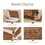 100L 2-Section Laundry Hamper with Lid and Wheels, Woven Natural Water Hyacinth Rolling Laundry Hamper - Image 4