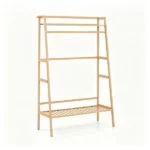 Natural Bamboo Clothing Rack, Multi-Layer Garment Organizer with Top & Bottom Storage Shelves, Side Hooks Hanging Rod, Stable A-Shape Structure Anti-Toppling Device 88LBS Capacity Freestanding Storage Rack for Bedroom Entryway - Image 2