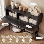 Black Rattan Console Table with Storage Cabinets & Open Shelf, 40 Inch Entryway Table with Sturdy Carbon Steel Frame for Living Room, Hallway, Sofa Table - Image 9