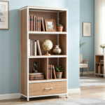 Natural Vertical Freestanding Display Shelf with 4 Open Cubbies & Pull‑Out Drawer, Heavy‑Duty Engineered Wood Metal Frame Storage Organizer for Small Spaces - Image 6