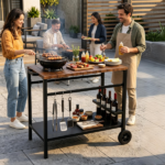 Stainless Steel Outdoor Grill Prep Table with Storage Cabinet Spice Rack & Tool Hooks, Rolling Portable BBQ Cooking Cart Lockable Wheels Heavy Duty Metal Frame for Backyard Patio Pizza Serving Station Black Brown - Image 7