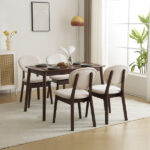 Rubber wood soft bag deep walnut dining table and chair set 1 table 4 chairs beige cushion rectangular - Image 21