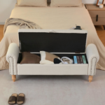 Storage Ottoman Bench, Fabric Benches End of Bed Bench with Solid Wood Legs Upholstered Ottoman Bench with Storage Indoor Bench for Living Room with Rolled Arm, Entryway, Beige - Image 3