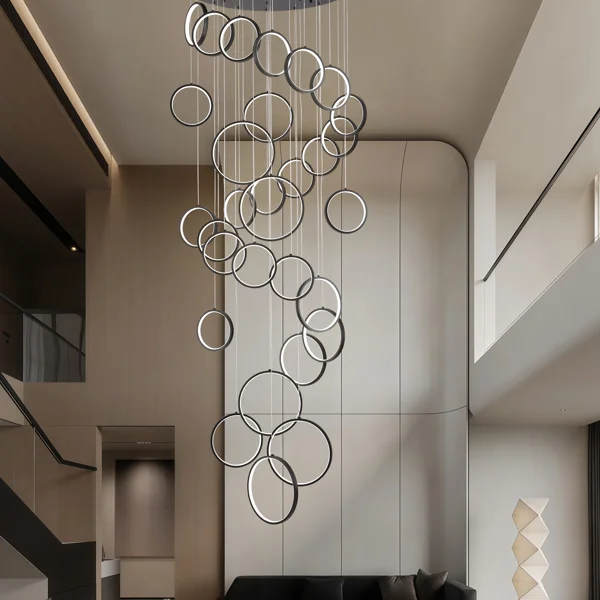 30 Ring High Ceiling Chandelier Foyer, Black Modern LED Large Staircase Long Chandeliers Light Fixture with Remote for Entryway Living Room