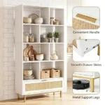 White Rattan Drawer Bookcase with 8 Open Cubbies, Freestanding Engineered Wood Storage Display Shelf with Anti-Toppling Device for Living Room Bedroom - Image 4