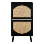 2-Drawer Tall Arched Rattan-Finished Shoe Cabinet Particleboard + Plastic Rattan 21.26*9.45*38.58in Black Frame + Natural Wood-Colored Rattan Top + Black High Legs - Image 2