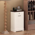 10 Gallon Tilt Out Trash Cabinet Freestanding Trash Bin Cabinet Wood Garbage Recycling Cabinet with Hideaway Drawer Pet Proof Trash Can Holder for Kitchen Living Room, Antique White (not include can)