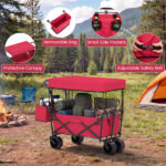 Foldable Utility Wagon,Adjustable Handle Outdoor Wagon, Puncture-Proof Wheels with Brakes, Removable Bag & Side Pockets-Red - Image 9