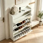 (Do Not Sale on Amazon) 3-Drawer Shoe Cabinet with Top Grille Panel MDF Door Panels with Thermoforming + Champagne Gold Door Seams and Handles + Conical White Solid Wood Legs for the Shoe Cabinet 31.61*9.45*52.95in White - Image 10