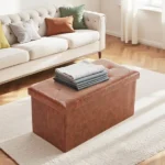 30 Inches Folding Ottoman with Storage Bench, Foot Rest Stool, End of Bed Storage Bench Upholstered, Load 660 lbs, for Living Room, Synthetic Leather, Brown (Shipment from Walmart) - Image 6