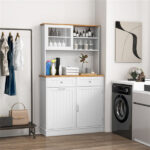 68-Inch Tilting Trash Cabinet with Hidden Trash Can & Multi-Storage Compartments, White & Natural Wood - Image 2