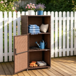 Brown Wicker Garden Storage Cabinet, Dual Open & Closed Design Outdoor Tool Cushion Storage Cabinet for Backyard Porch Poolside - Image 8