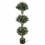 51" Artificial Boxwood Topiary Tree with 59 Flowers, Realistic Faux Evergreen Plant - White