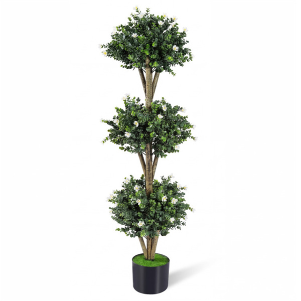 51" Artificial Boxwood Topiary Tree with 59 Flowers, Realistic Faux Evergreen Plant - White