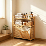 32 Inch Double Compartment Bamboo Laundry Organizer Freestanding Cabinet, Raised Guardrail Top Shelf Rounded Corner Dirty Clothes Bin Separate Light Dark Clothes Storage Natural Finish - Image 8