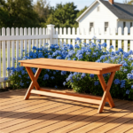 Solid Wood Backless Patio Bench, 2‑Person Rustic Slatted Seat Bench with X‑Frame Legs, Breathable Outdoor Garden Entryway Bench for Dining Plant Stand - Image 4