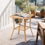 Outdoor Wicker Side Table, Rattan End Table with Glass Top, Patio Coffee Bistro Table for Indoor Garden Porch Balcony, Beige - Image 6