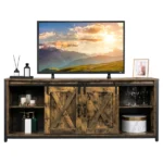 3-layer Double Barn Door with Sliding Rail X-shaped Panel TV Cabinet MDF with Triamine Retro Brown - Image 13