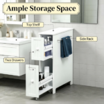 White Slim Bathroom Cabinet Freestanding Storage with Toilet Paper Holder 2 Drawers Side Towel Rack Wheels 7x20.5x24.75 Inches - Image 5