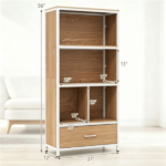 Natural Vertical Freestanding Display Shelf with 4 Open Cubbies & Pull‑Out Drawer, Heavy‑Duty Engineered Wood Metal Frame Storage Organizer for Small Spaces - Image 5