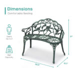 Outdoor Cast Aluminum Patio Bench, Porch Bench Chair with Curved Legs Rose Pattern, Antique Green SAME AS 91404878 - Image 5
