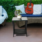 Outdoor Patio Wicker Side Table, Square End Table Bistro Coffee Table with Glass Top Storage Shelf for Porch Garden Backyard Black - Image 15