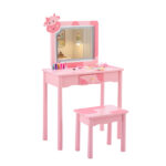 Pink MDF + solid wood legs, spray paint + silkscreen printing, cow pattern, 1-drawer children's dressing table set, LED three-color backlit touch switch - Image 10