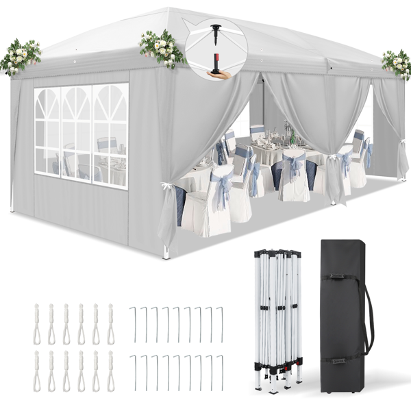10'x20' Instant Pop Up Canopy Tent White, 6 Side Panels 2 Doors 4 Mesh Windows, 28/22mm Powder Coated Steel Frame, 10x20mm Crossbar, 210D Oxford Outdoor Folding Tent with Carry Bag, No Sandbags