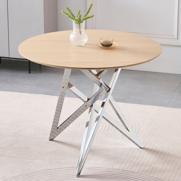 37Inch Round Dining Table, Small Round Kitchen Table With Silver Metal Legs, Suitable For 2 To 4 People, Modern Dining Room Table, Burlywood.