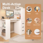 White Computer Desk with 4-in-1 Socket, the Desk with 3 Slide Drawers and 4 Storage Levels, the Wooden Desk is Suitable for a Variety of Places - Image 2