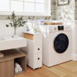 Slim White Bathroom Storage Cabinet (20"x7.5"x28.5") - Fits Tight Spaces (Tub-Toilet Gap), 2 Drawers + Open Shelf + Wicker Baskets - Image 10