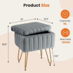 Square Ottoman with Storage, Makeup Cute Soft Small Footstool, Modern Style Faux Fur Seat with 4 Metal Legs & Adjustable Feet for Dressing, Living Room Bedroom Dorm, Gray - Image 4