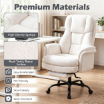 5-Level Flip-Up Armrest Ergonomic Office Chair with Retractable Footrest, Teddy Fleece Reclining Gaming Chair 90°-135° Adjustable Backrest SGS Gas Lift Heavy Duty 551 LBS Capacity White Desk Chair - Image 9